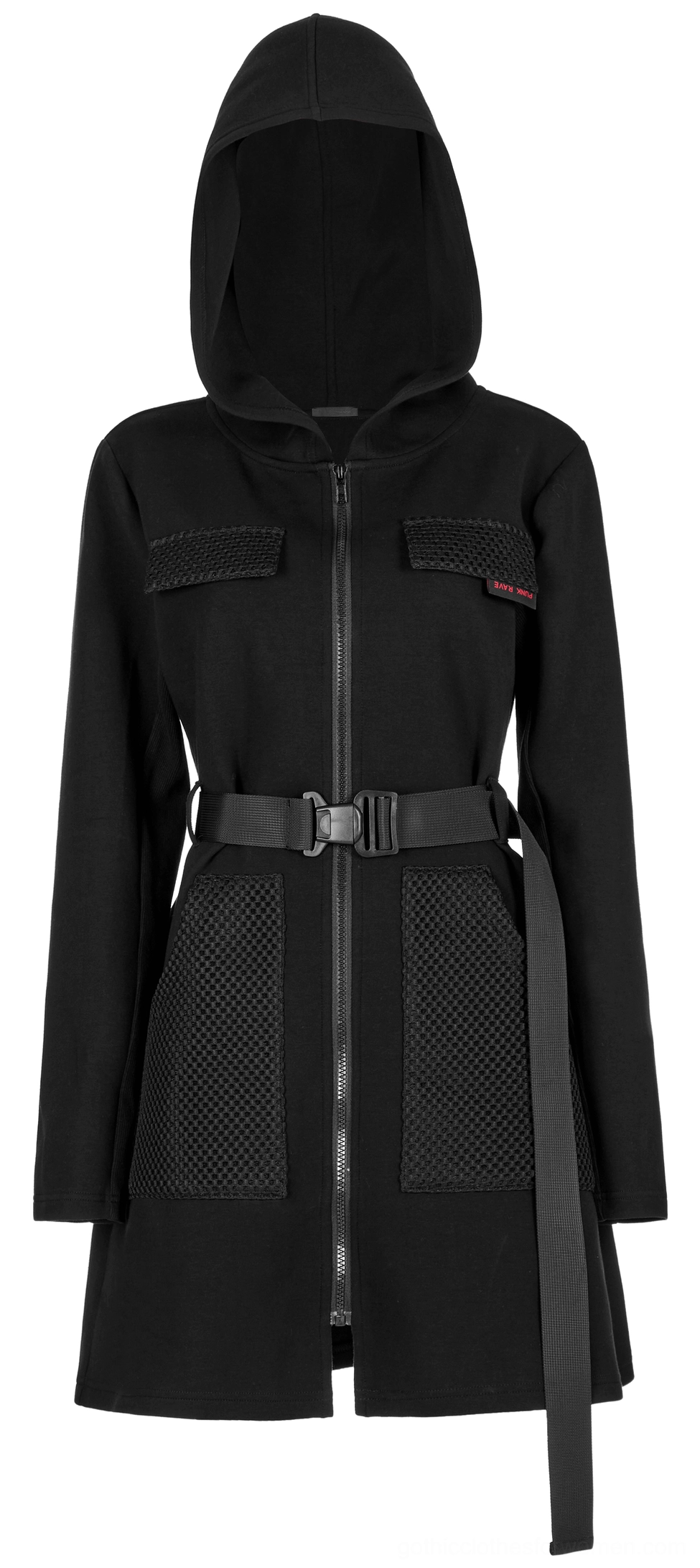 Black gothic tactical dress full front view showing metal front zipper and long sleeves