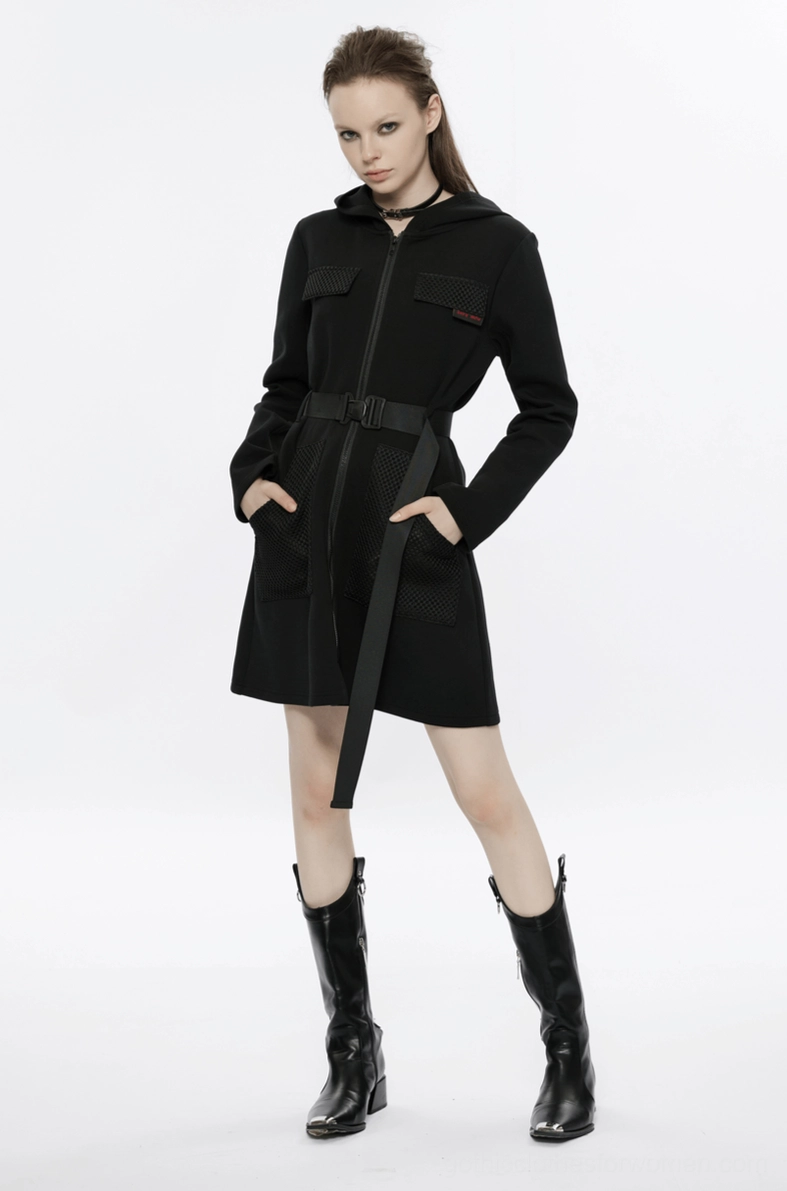 Black gothic hooded tactical dress hanging flat lay showing full length and proportions