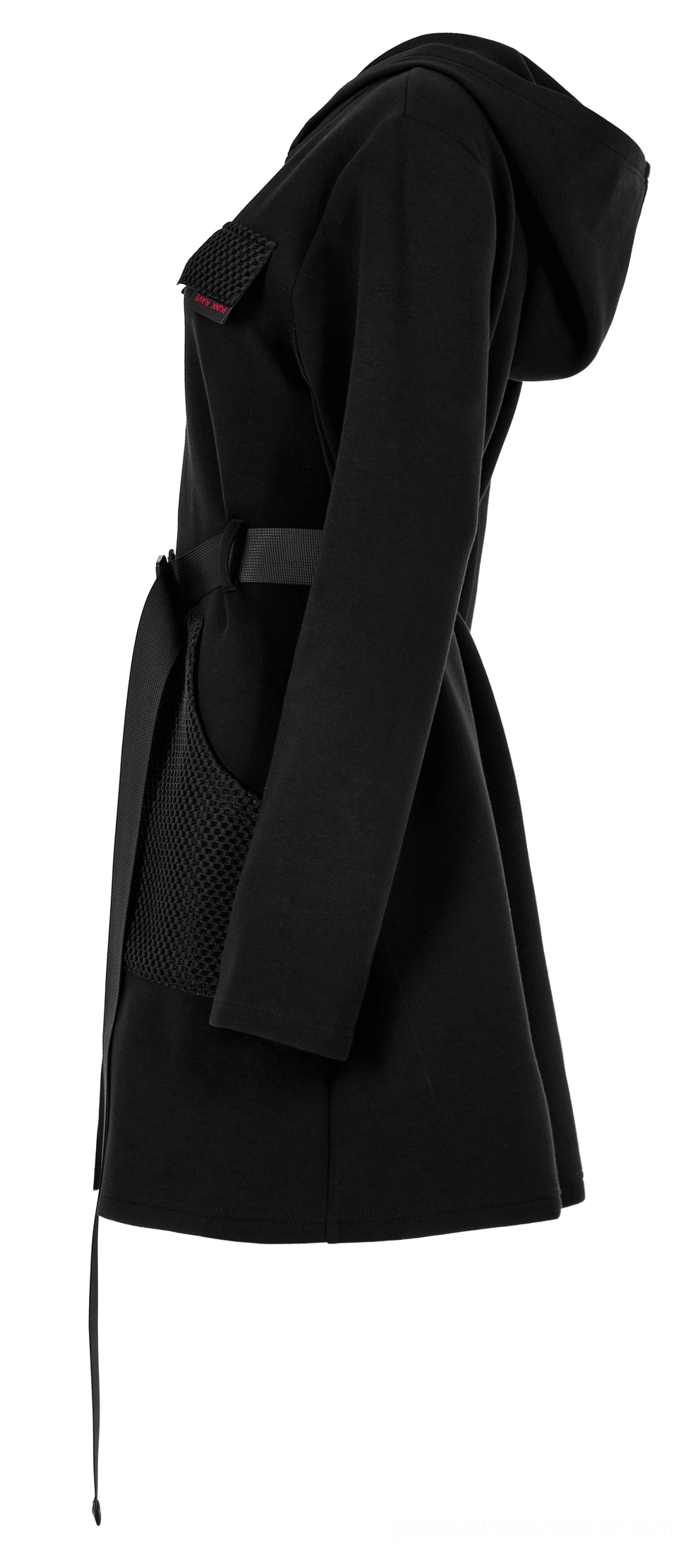 Black gothic tactical dress side profile view showing waist belt and hidden hood construction