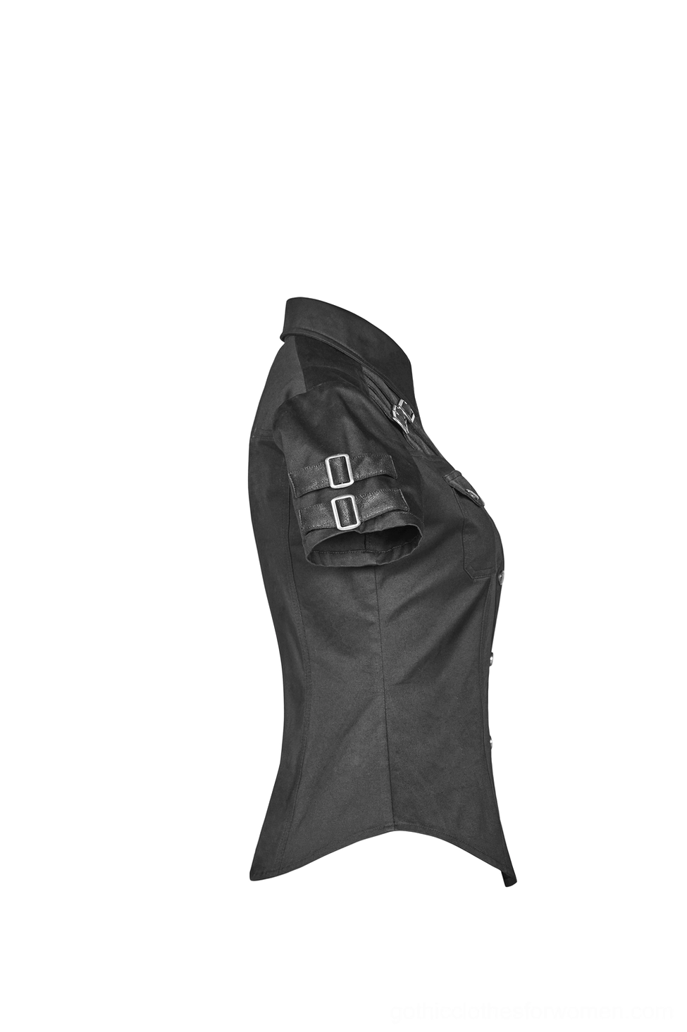 Black tactical gothic shirt side view flat lay - showcasing sleeve buckle details and slim-fitted silhouette