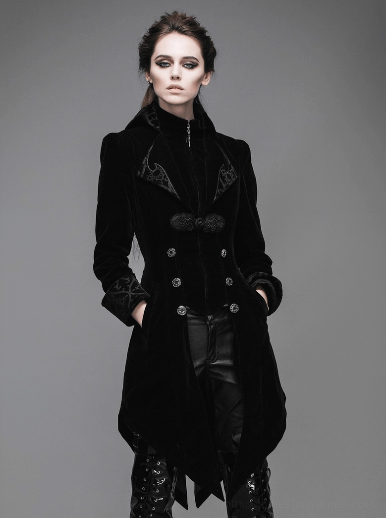 Black gothic tailcoat worn with alternative street style showing versatility of steampunk-inspired design