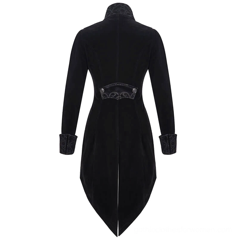 Black gothic velvet tailcoat rear full view on display mannequin, showing waist embroidery decoration and tailored silhouette