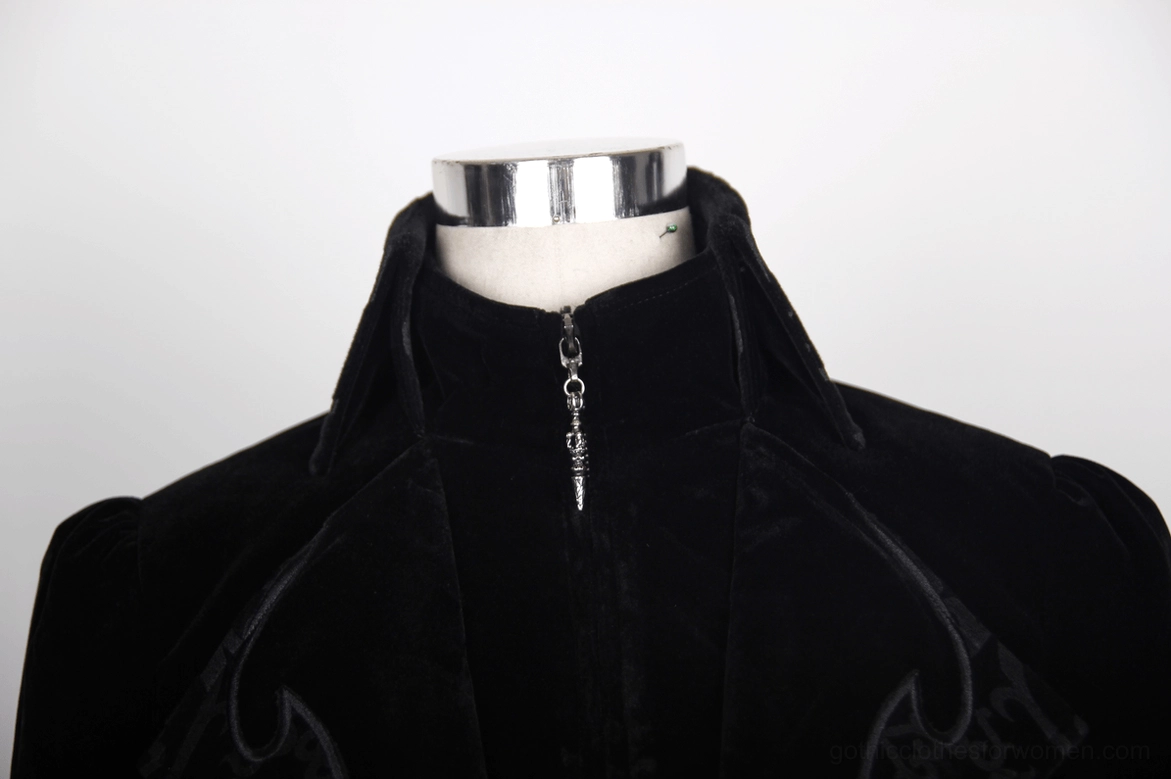 Close-up of black gothic tailcoat high collar with metal zipper and embroidered trim detail