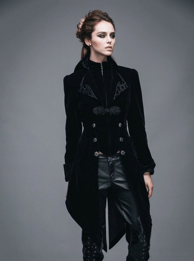 Black gothic tailcoat quarter-length detail shot showing fabric texture, embroidery, and metallic hardware