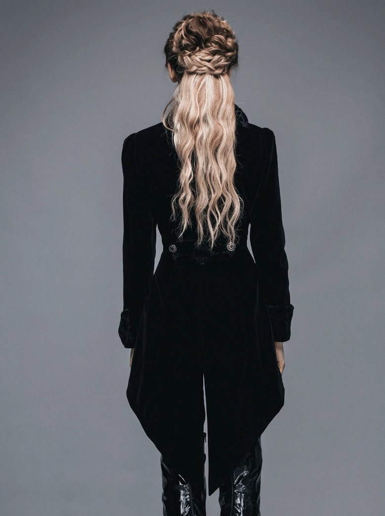 Black gothic tailcoat front quarter view on mannequin showcasing double-breasted button placement and fitted silhouette