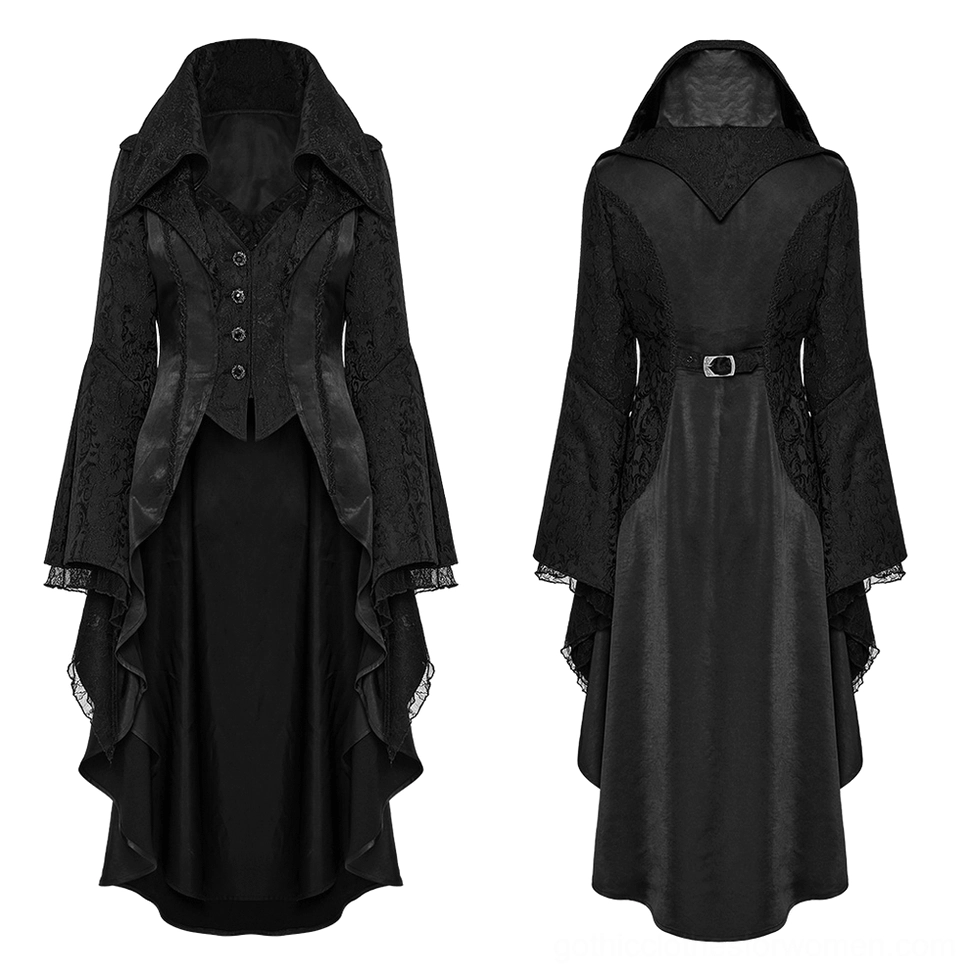 Black gothic high-low tailcoat with jacquard fabric flat lay front and back