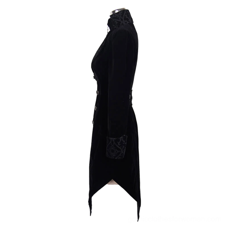 Black gothic velvet tailcoat left side profile on mannequin, displaying asymmetrical tail hem and embroidered cuff details