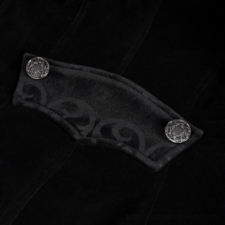 Full-length side view of black gothic velvet tailcoat on model wearing casual styling with alternative aesthetic