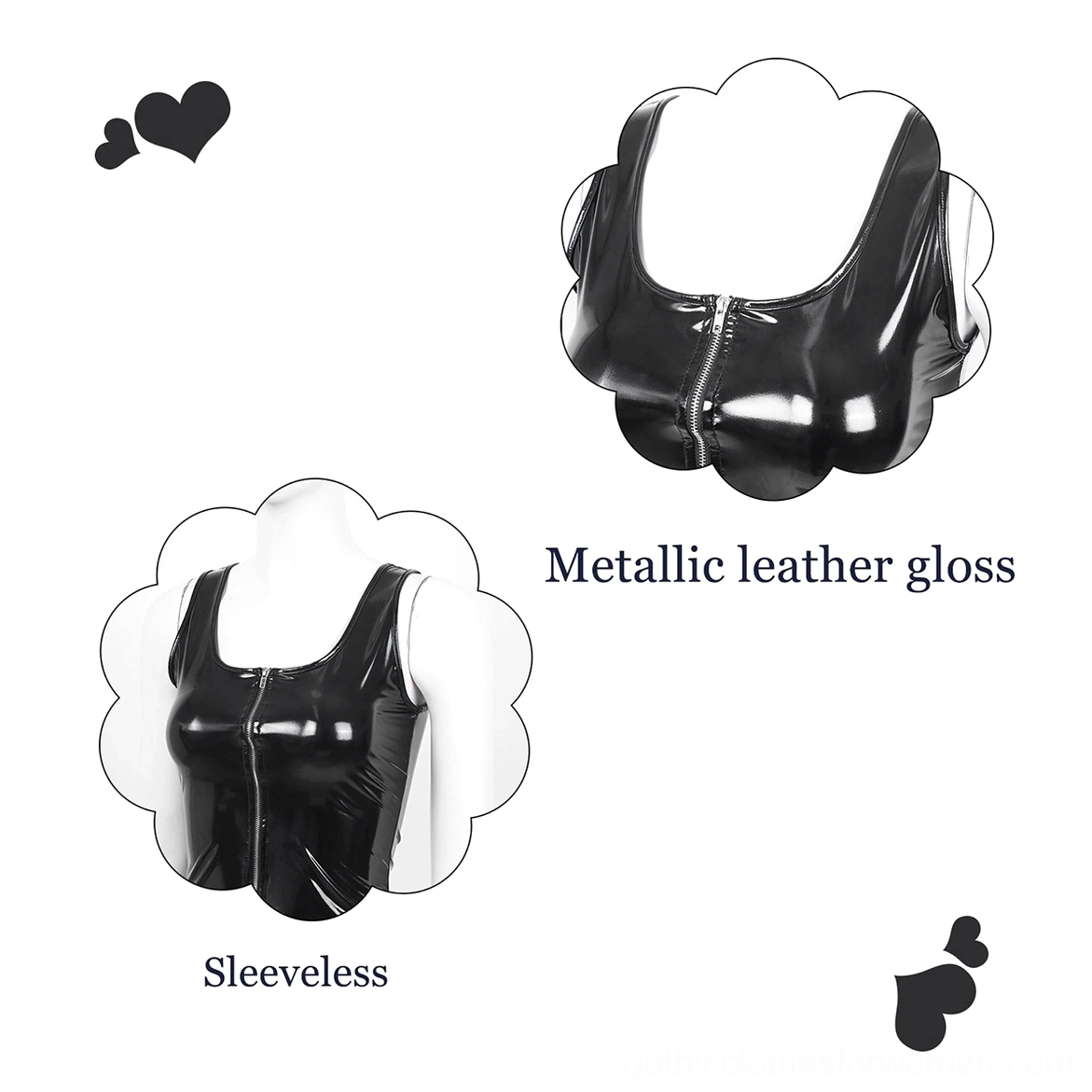 Black patent leather gothic tank specifications - product feature infographic highlighting metallic gloss and sleeveless design