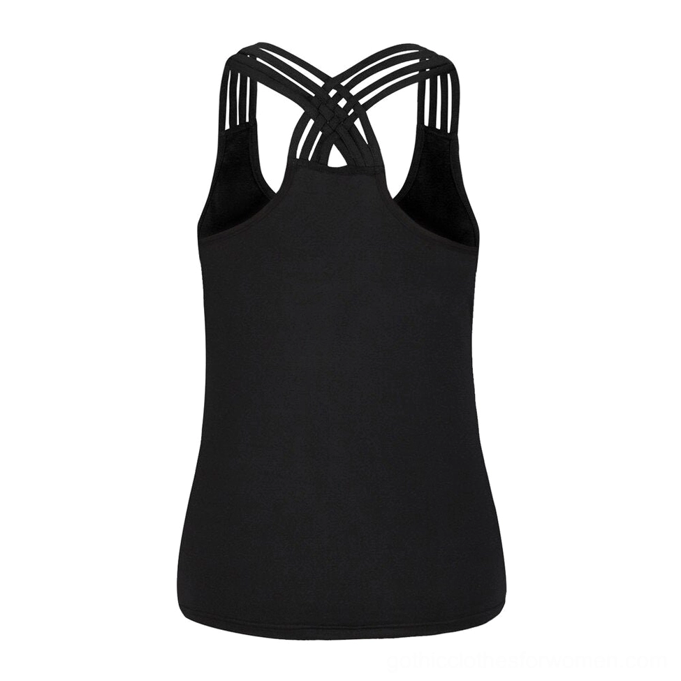 Back view of black gothic sleeveless tank top showing intricate crisscross multi-strap design, architectural strap system for modern alternative fashion