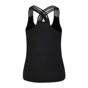 Black gothic tank top back view showcasing crisscross hollow strap design and structural back cutout details