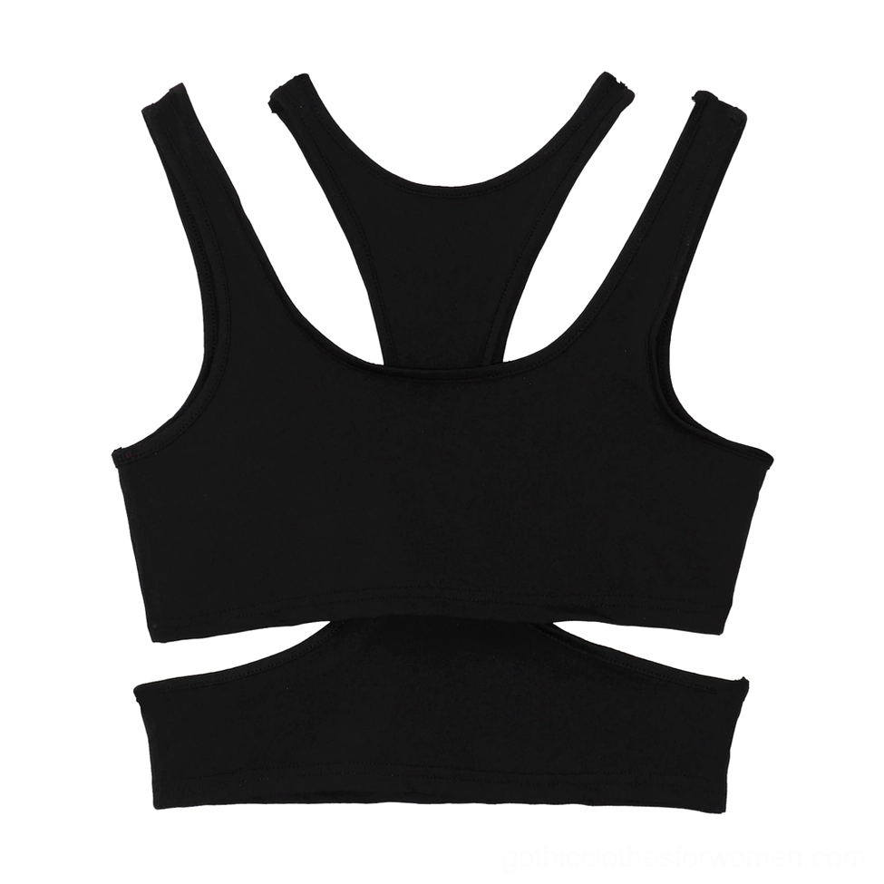 Black gothic cropped tank top flat lay front view, double-layer cutout design with racerback detail