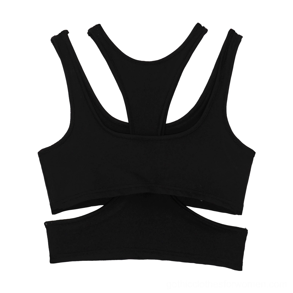 Black gothic hollow out tank top hanging display, front view showing double-layered cutout silhouette