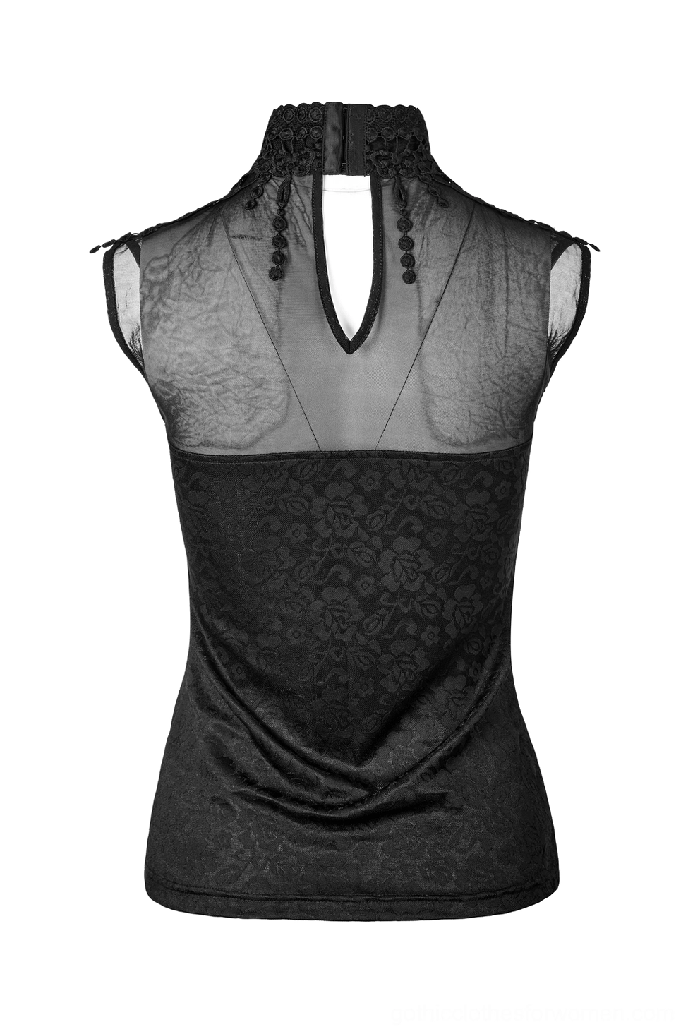 Rear static view of black gothic tank top on mannequin revealing keyhole back neck opening and sheer mesh back yoke detail