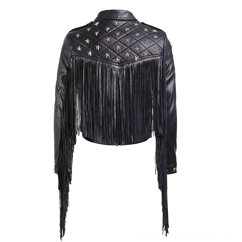 Black gothic tassel biker jacket back view showing quilted panel with bronze star studs and full hem long tassels