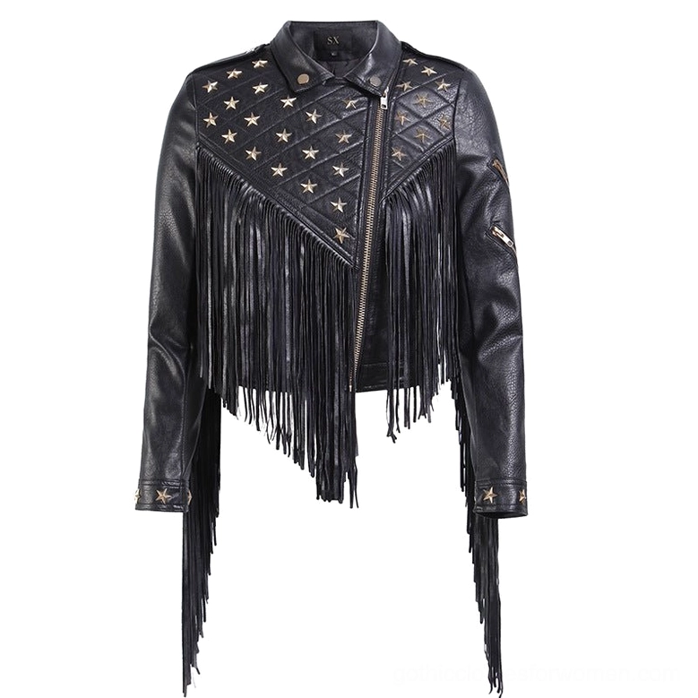 Black gothic tassel biker jacket front view with asymmetrical zipper and cascading leather tassels, quilted star stud panels