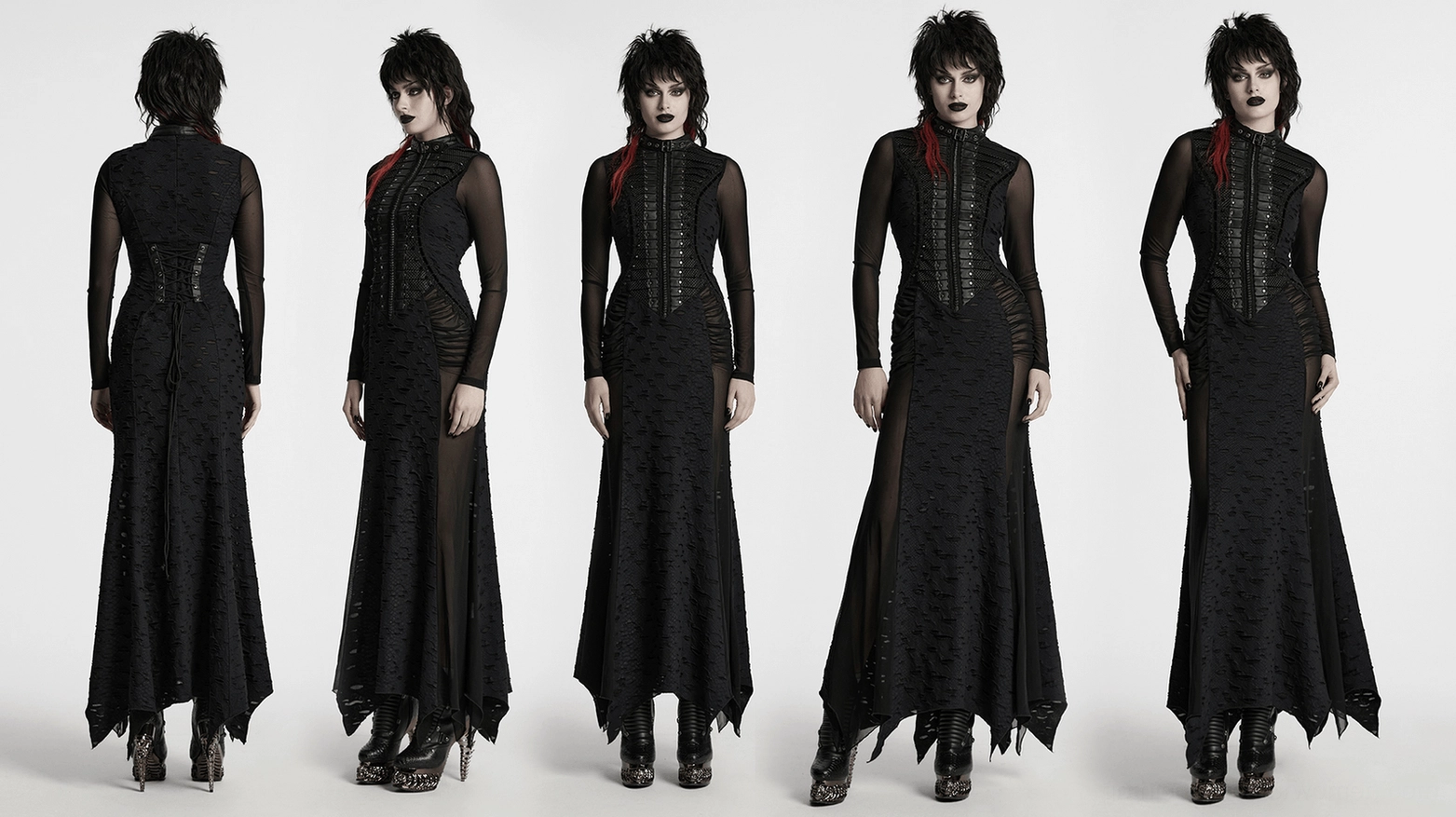 Black gothic tattered mesh pleated dress comprehensive product view showing complete design with mesh panels, pleated sections, metal details, and floor-length distressed hemline