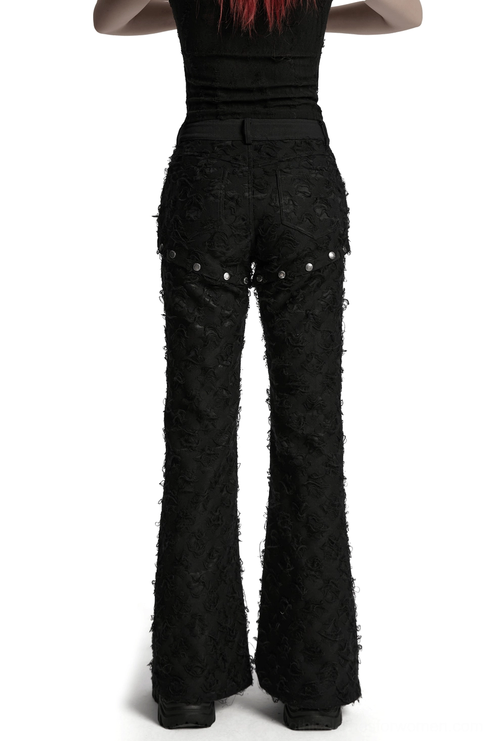 Black gothic pants back view with studded waistband - distressed tattered fabric rear silhouette