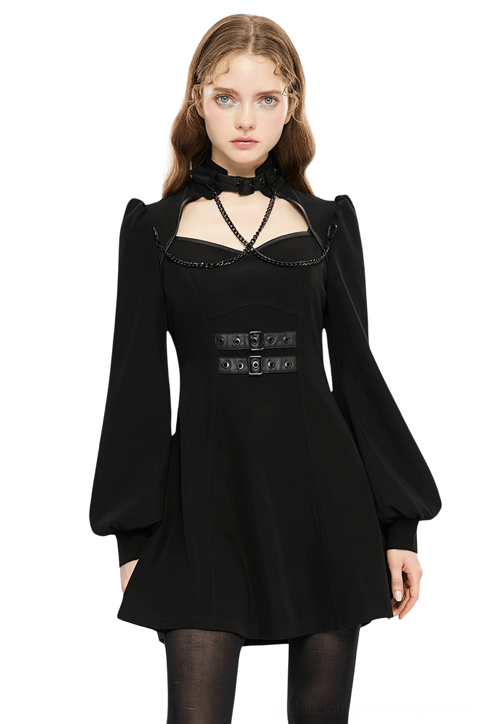 Black gothic techwear dress with detachable chain harness and square neckline, front view on model featuring bishop sleeves and fitted waist