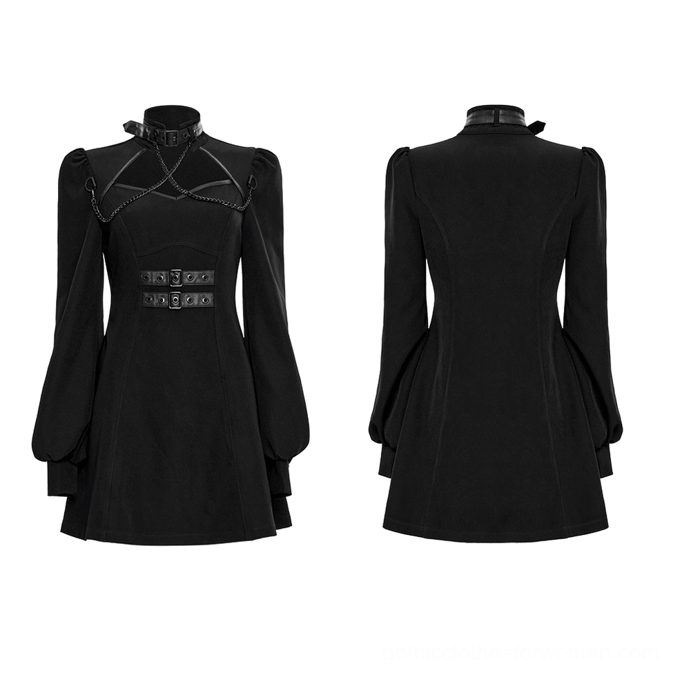 Black gothic techwear dress front and back views on mannequin showing chain harness, waist buckles and structural design details
