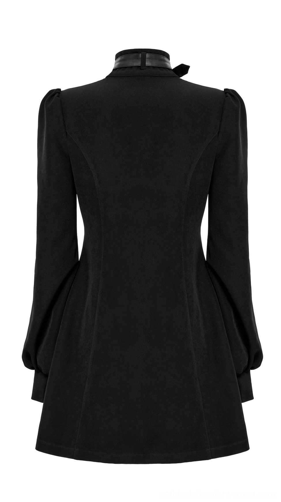 Black gothic techwear dress rear view on mannequin displaying high back collar and tailored fitted construction
