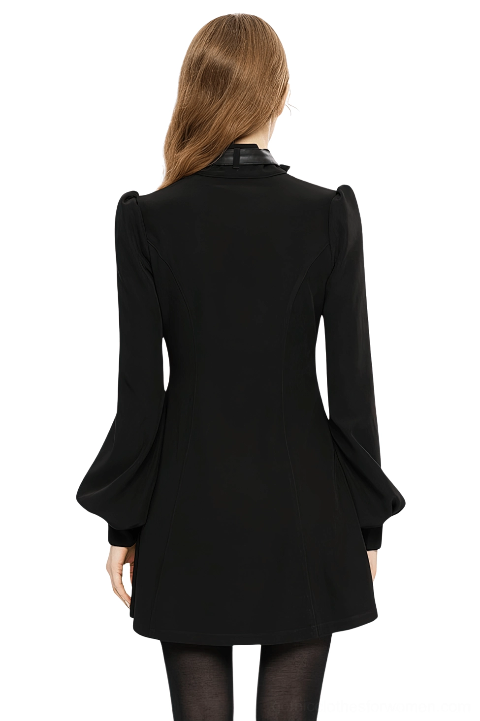 Black gothic techwear dress rear view showing high back collar and fitted silhouette with dramatic bishop sleeves