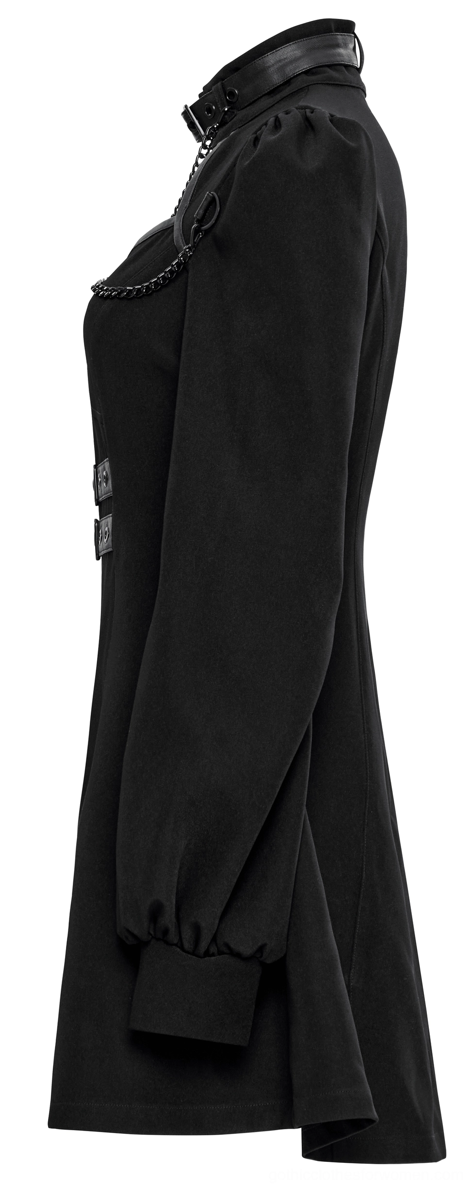 Black gothic techwear dress side profile on mannequin showing fitted waist and bishop sleeve proportions