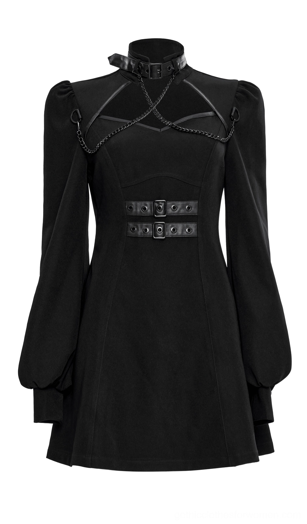 Black gothic techwear dress front view on mannequin with stand collar and double waist buckle straps