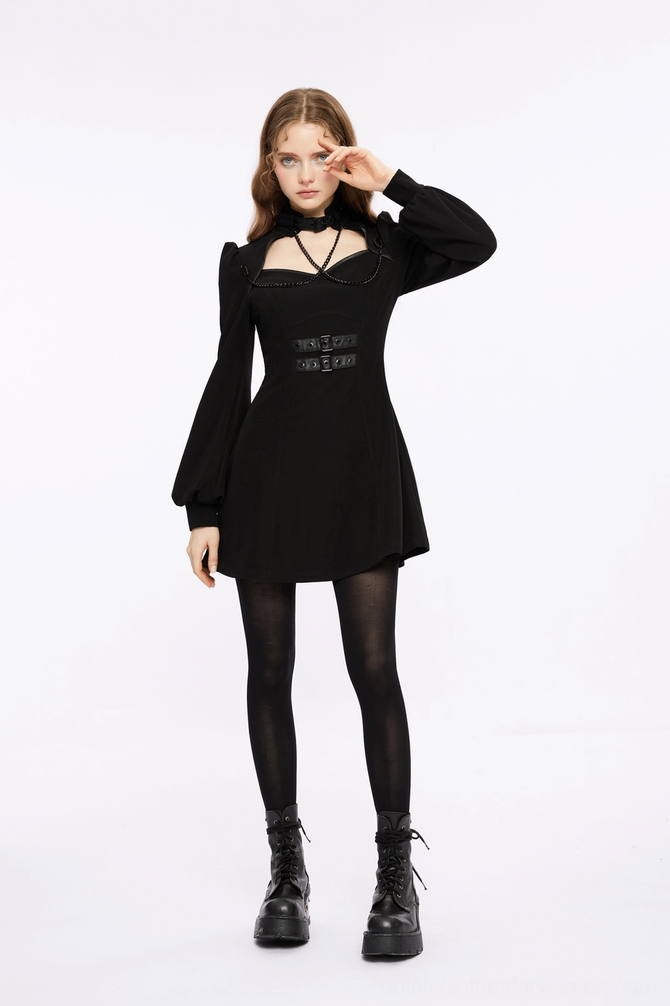 Black gothic techwear dress styling reference on model demonstrating versatile wear options and layering possibilities