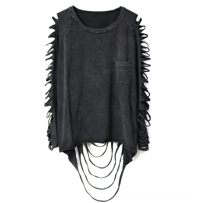 Flat lay display of black gothic long sleeve tee showing washed fabric finish, tassel hem, and hollow sleeve trim construction