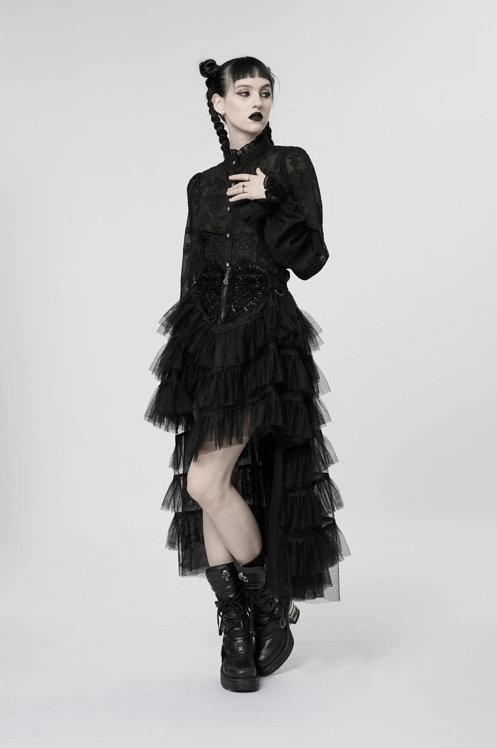 Black gothic tiered tulle ruffle skirt flat lay showing full silhouette and skeleton hand zipper