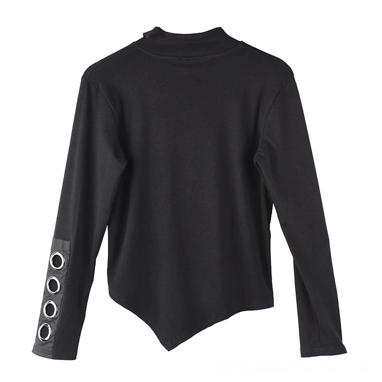 Black asymmetrical gothic top back view flat lay, showcasing dramatic back hem asymmetry and solid cotton fabric construction