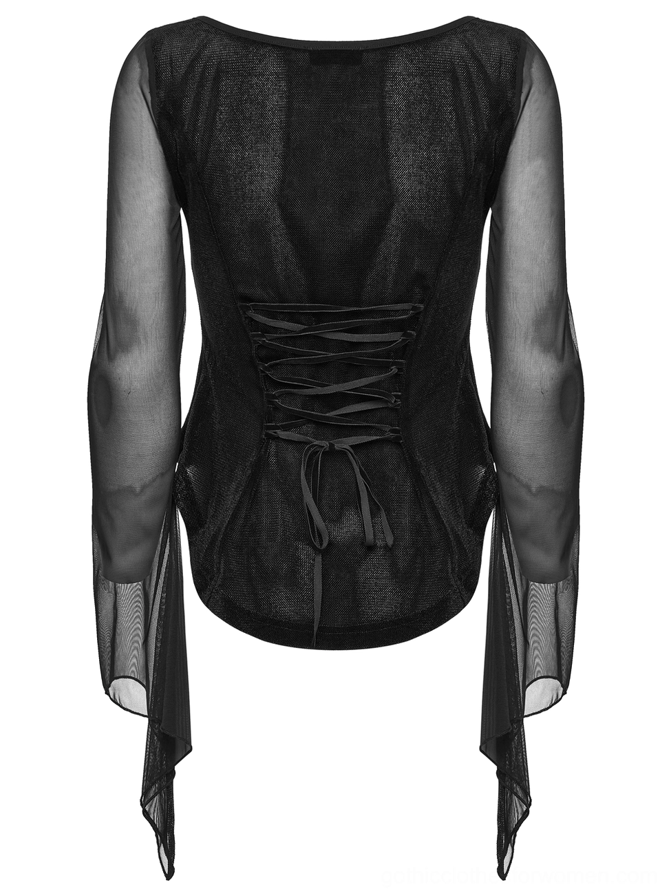 Back flat lay of black gothic top displaying corset lace-up closure and sheer mesh sleeve construction