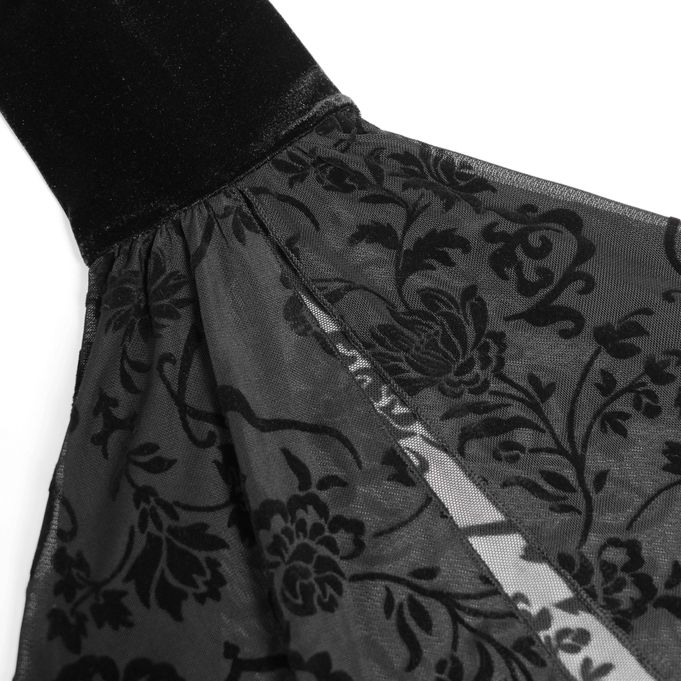 Black velvet gothic lace bell sleeve showing intricate floral embroidery pattern