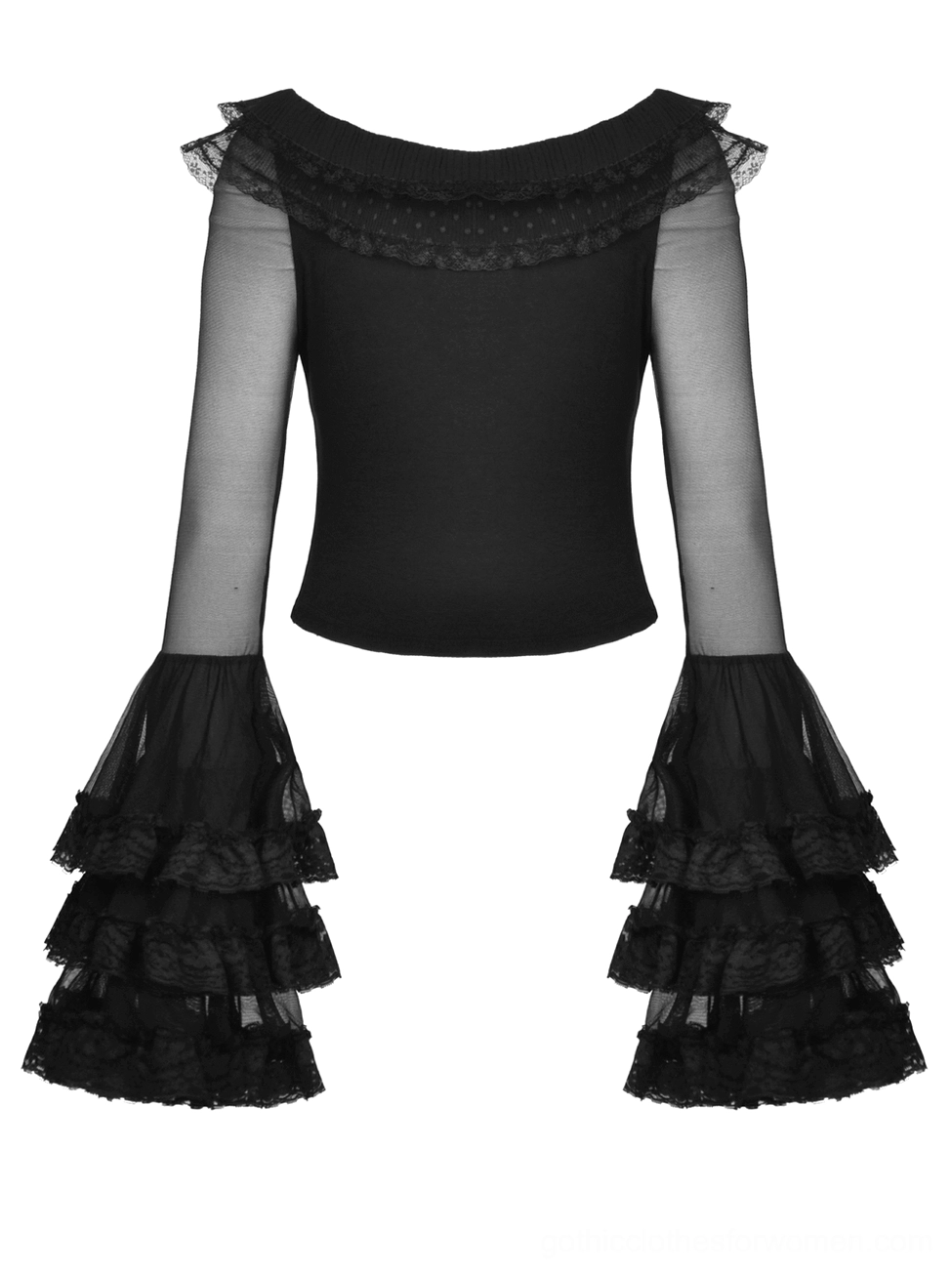 Gothic long sleeve lace top - back flat lay view with fitted bodice and lace trim