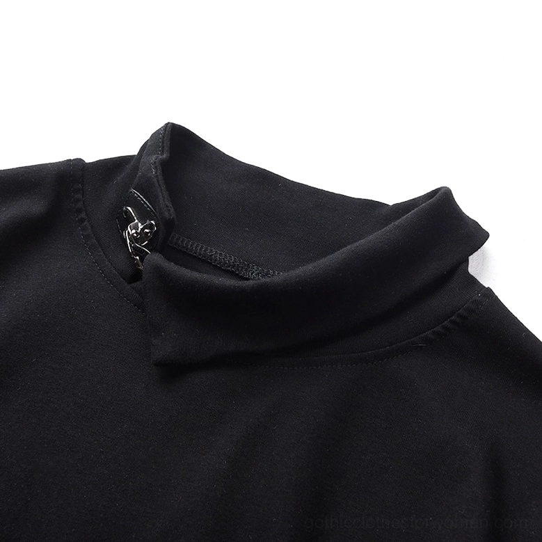 Close-up detail of black gothic top's metal stand collar with functional zipper and premium cotton fabric texture