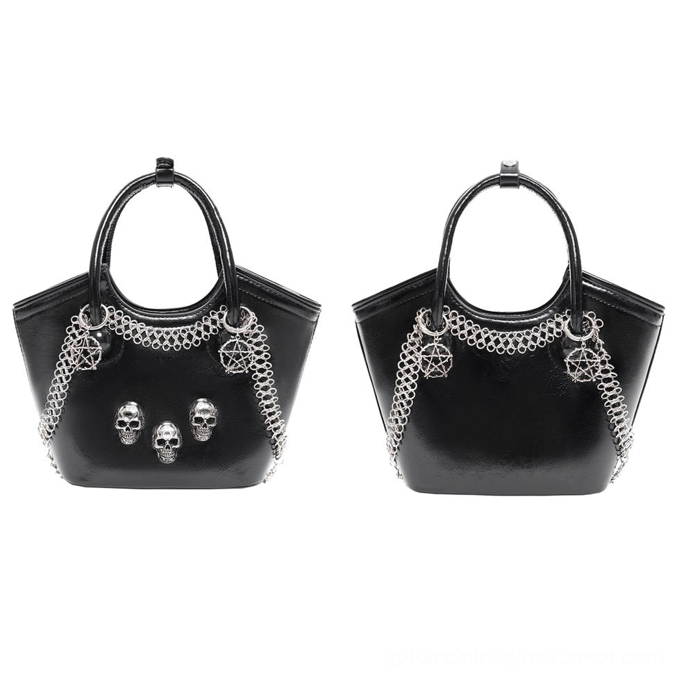 Two black gothic handbags with silver pentagram chain trim and skull ornaments displayed side by side