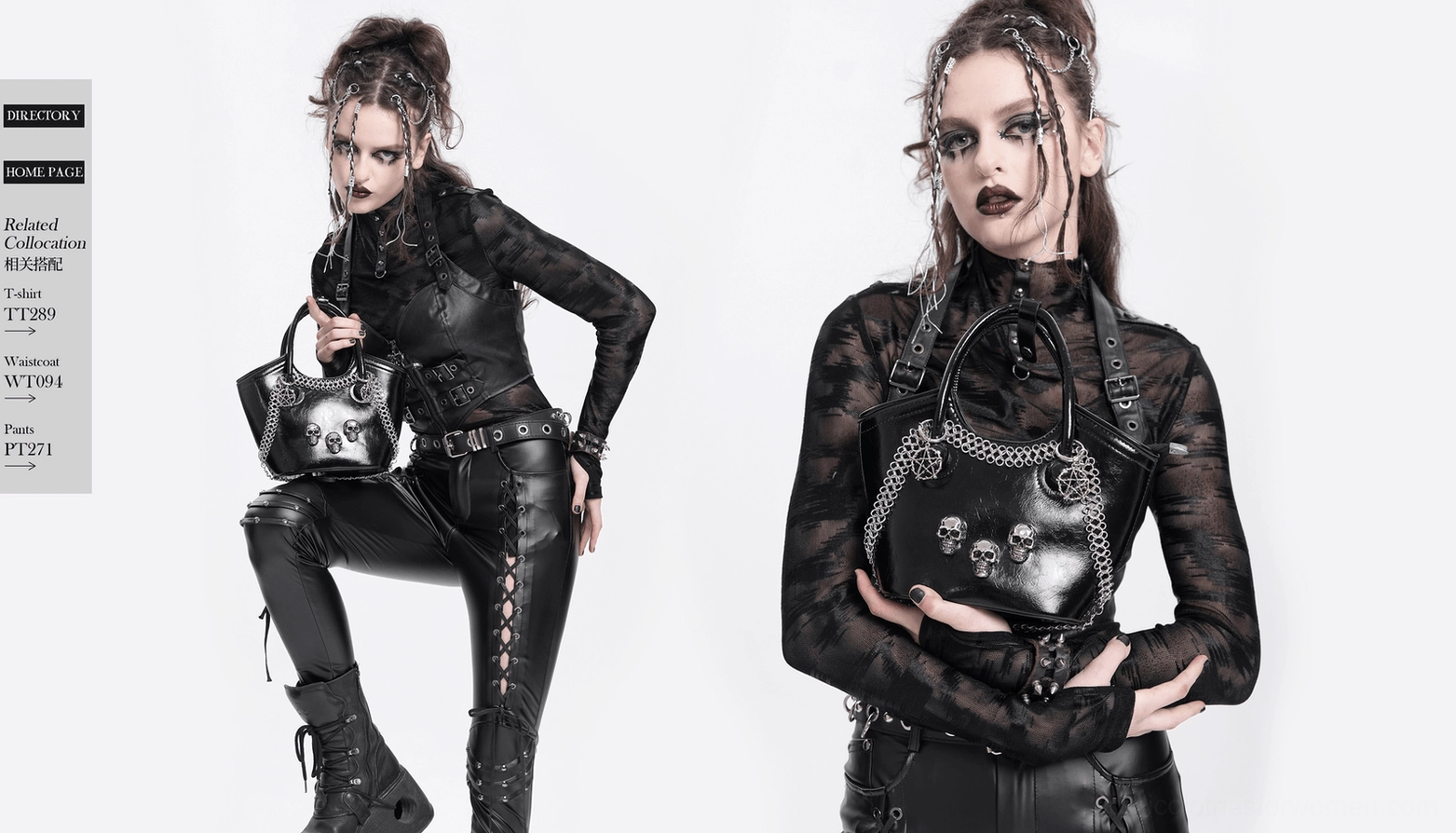 Black gothic tote bag with chain shoulder strap and skull charms, lifestyle fashion photography