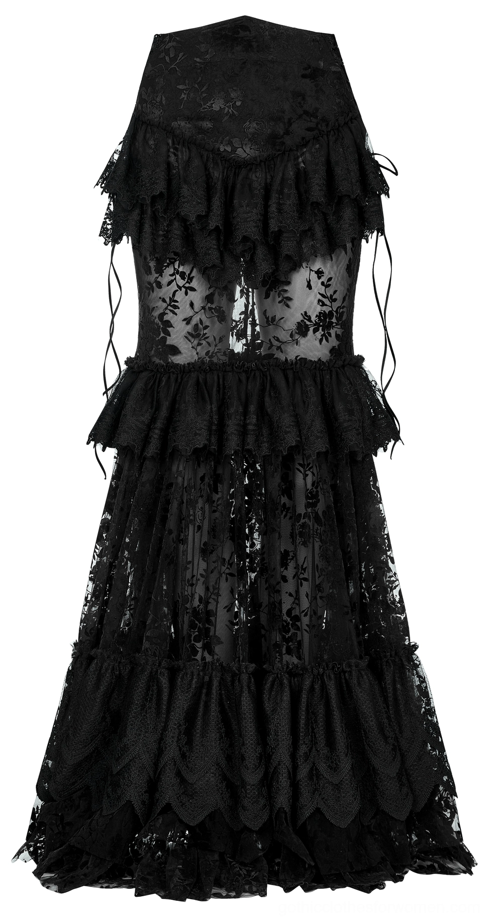 Black gothic full-length transparent maxi skirt left angle view showing sheer mesh, ruffled waist, and floor-length lace hem on mannequin