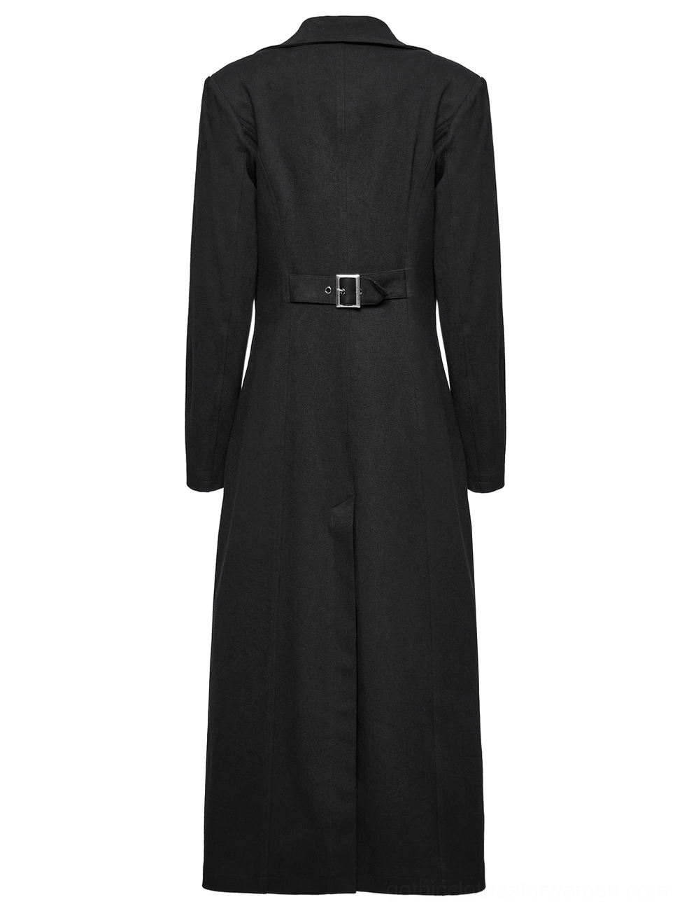 Black gothic trench coat back flat lay showing split hem and square buckle waist fastening