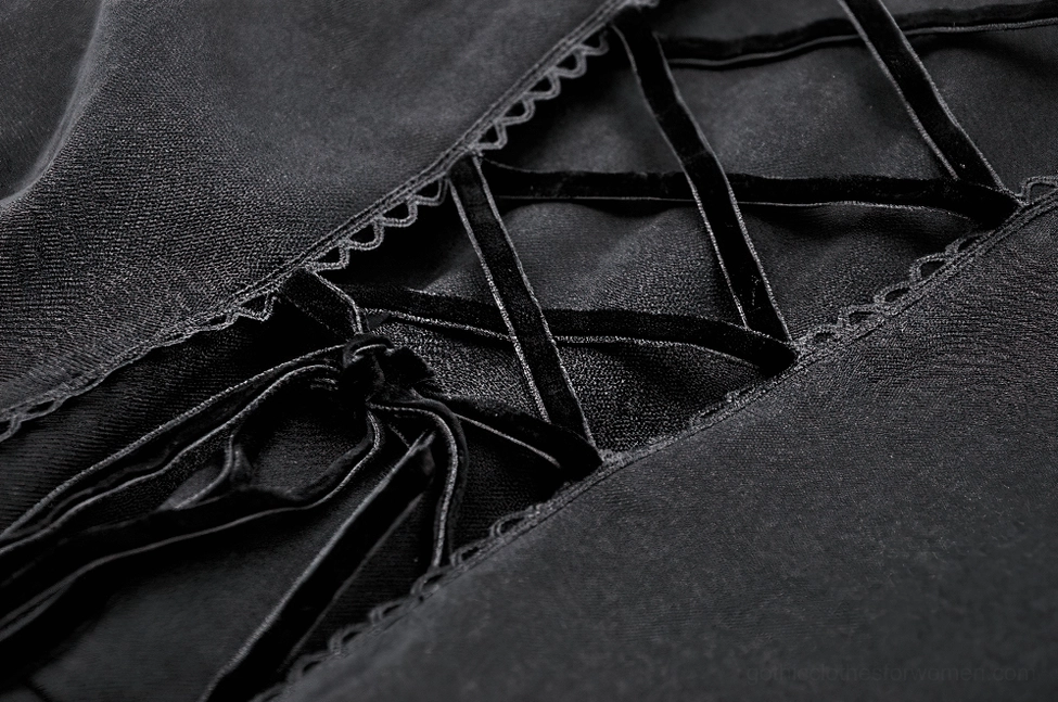 Gothic hooded trench coat with chain-link lace detailing and skull button hardware