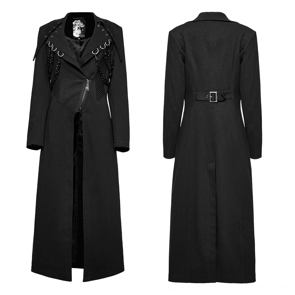 Black gothic trench coat flat lay front and back view with asymmetrical zipper and collar hardware