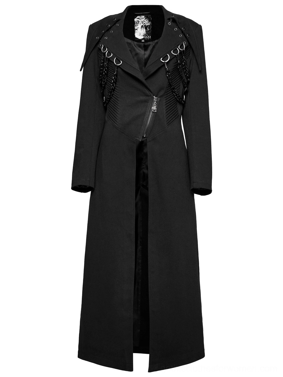 Black gothic trench coat front flat lay detail showing skull zipper and D-ring chain decoration