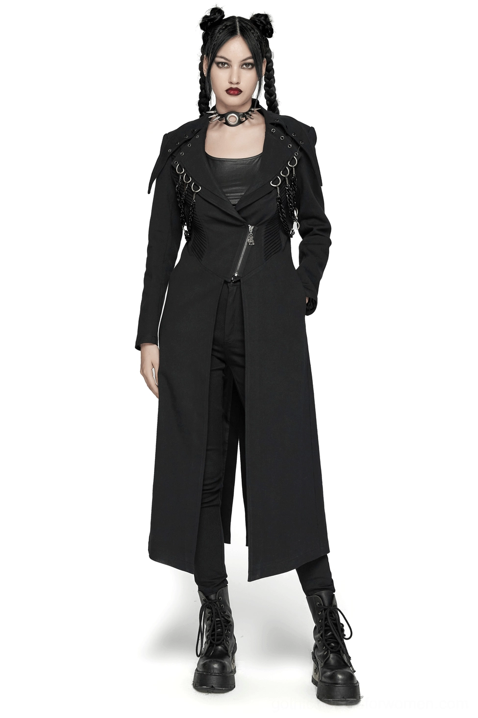 Black gothic trench coat front view on model with skull zipper and D-ring chain details