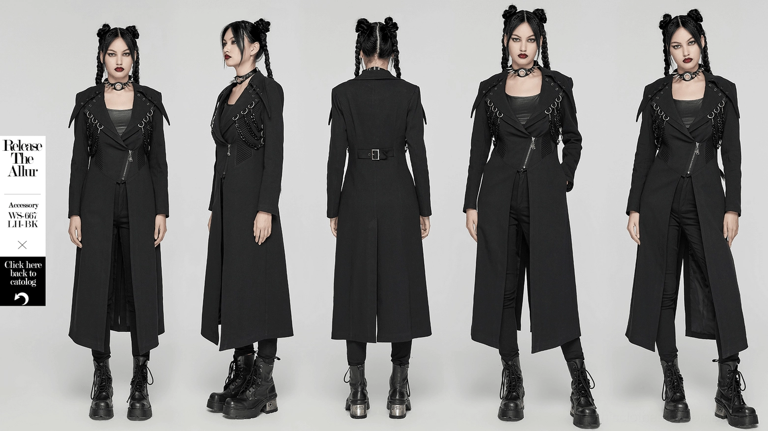 Black gothic trench coat styled on model full-body view demonstrating alternative fashion aesthetic