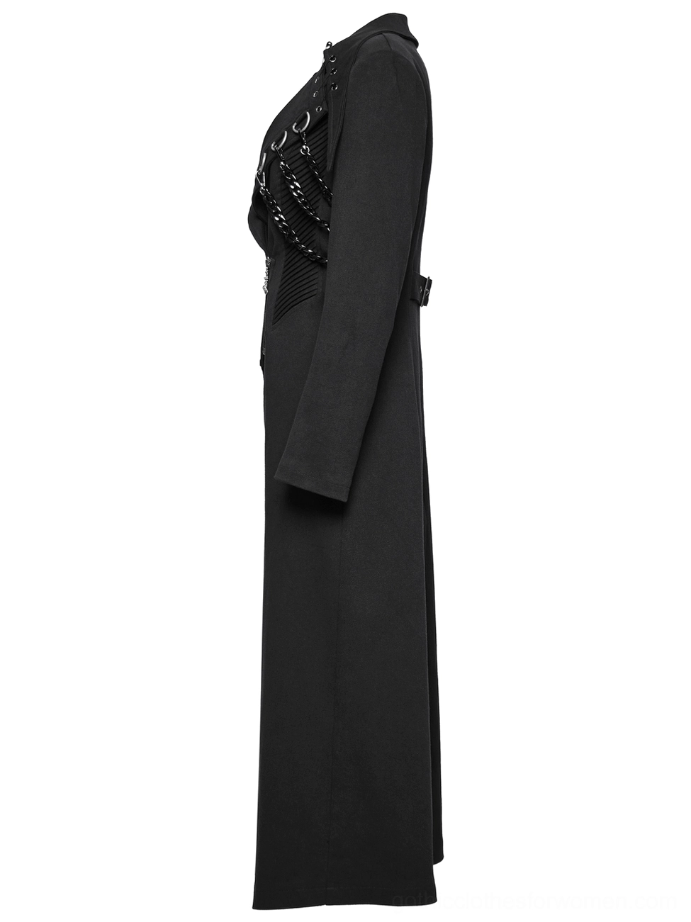 Black gothic trench coat side flat lay showing fitted silhouette and waist belt structure
