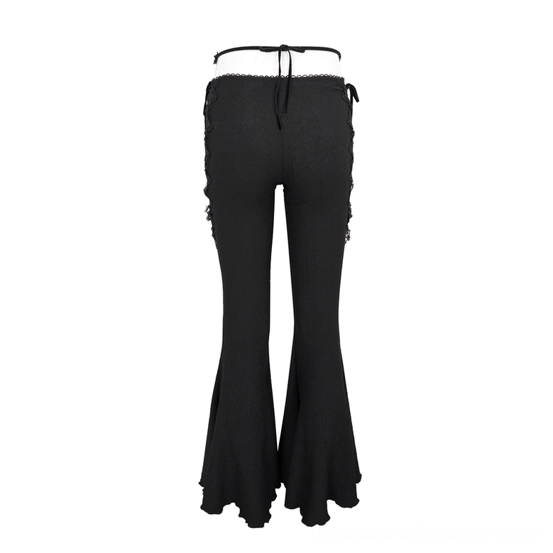 Back view flat lay of black flared gothic trousers with drawstring closure and clean rear design