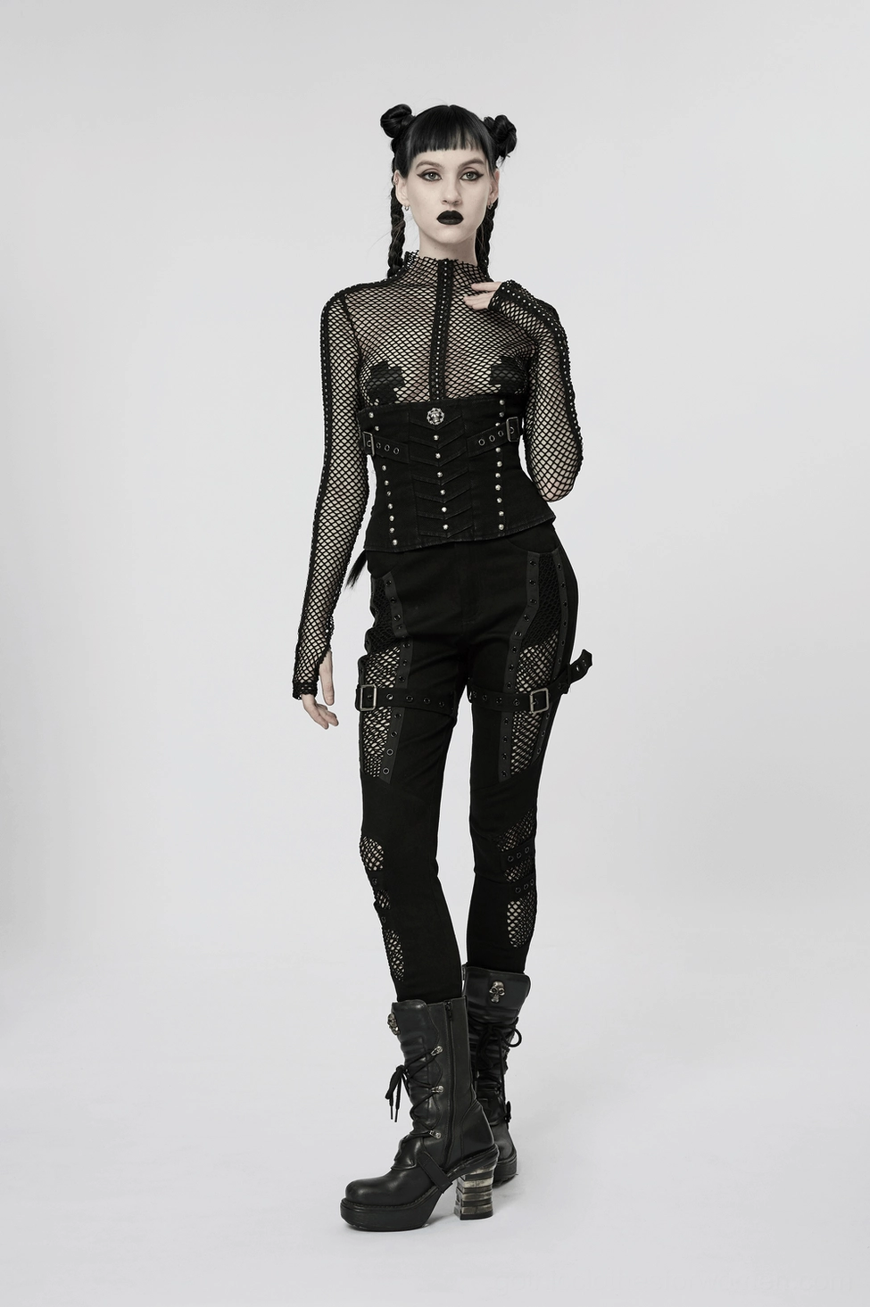 Black gothic trousers fashion styling angle showing mesh panel integration