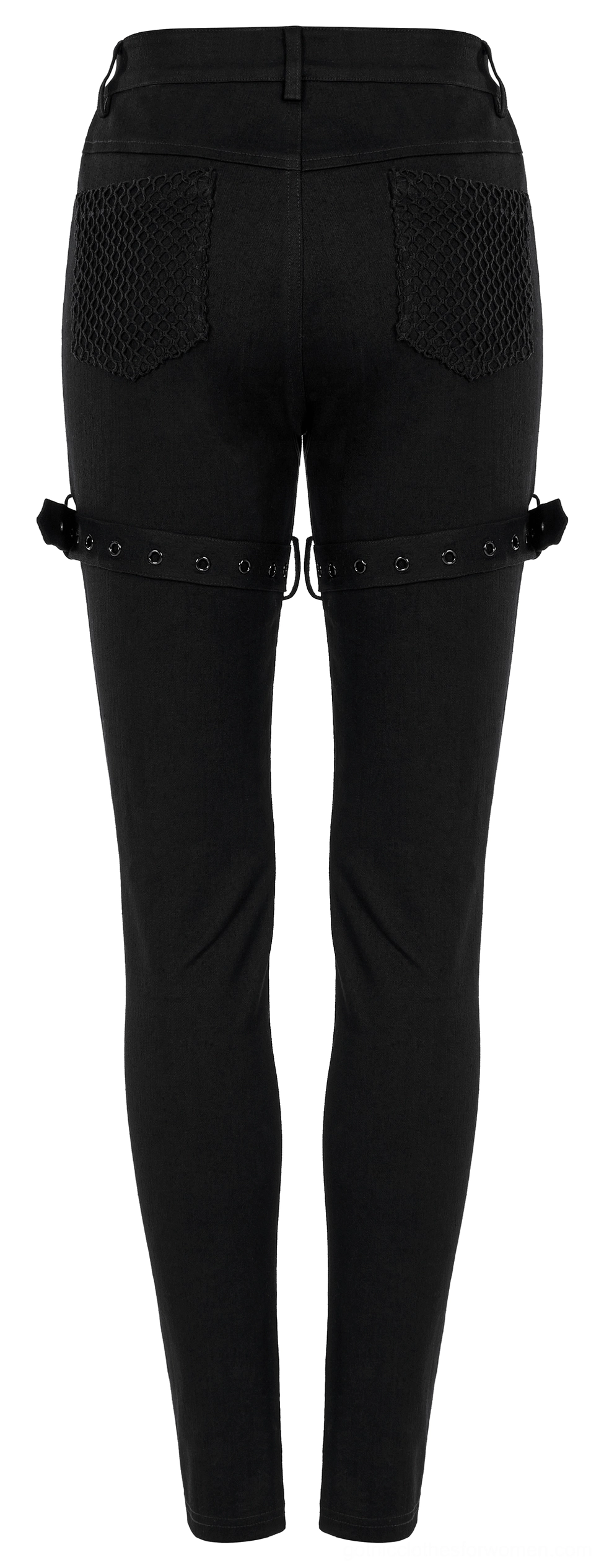 Black gothic trousers rear flat lay view with mesh pocket panel and stitching details