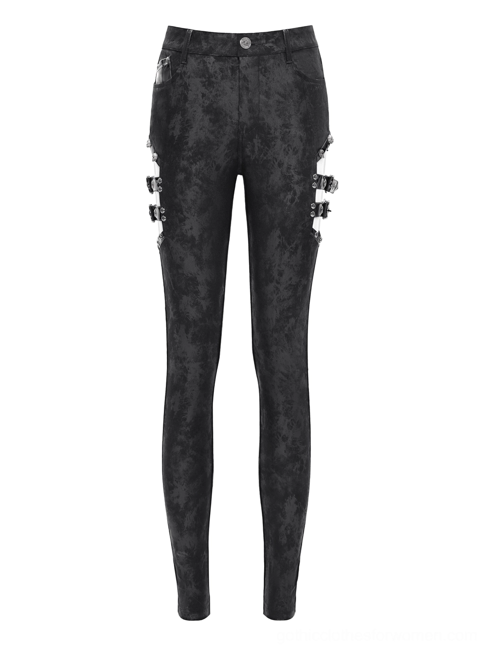 Black gothic pants product display highlighting side buckle straps and high-waisted skinny silhouette
